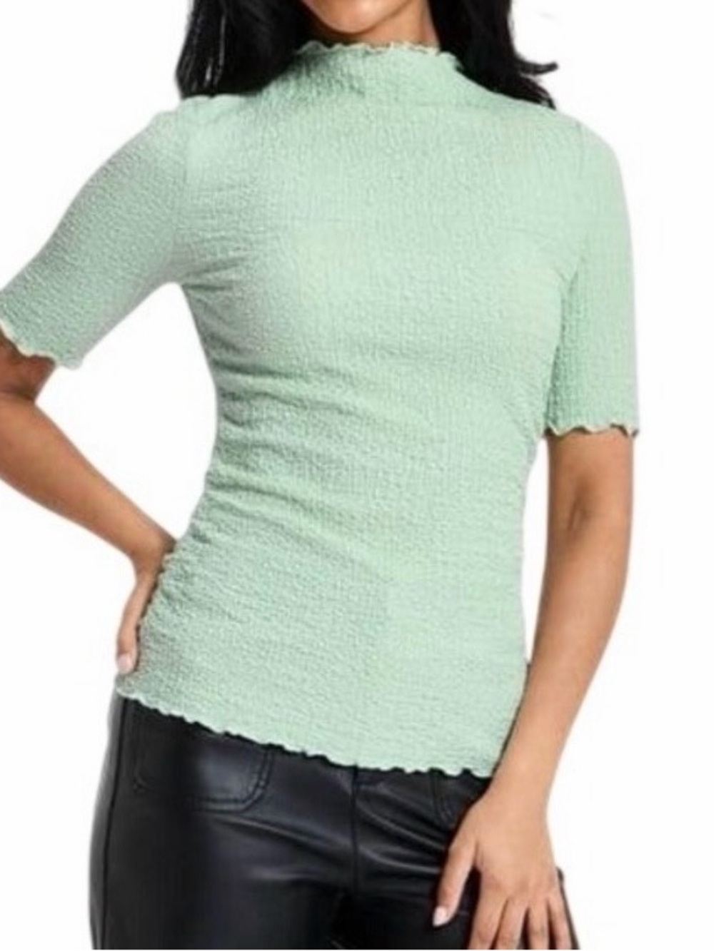 A New Day Women's Lettuce Trim Mock Neck Short Sleeve Top- Mint- XXL- NWT
